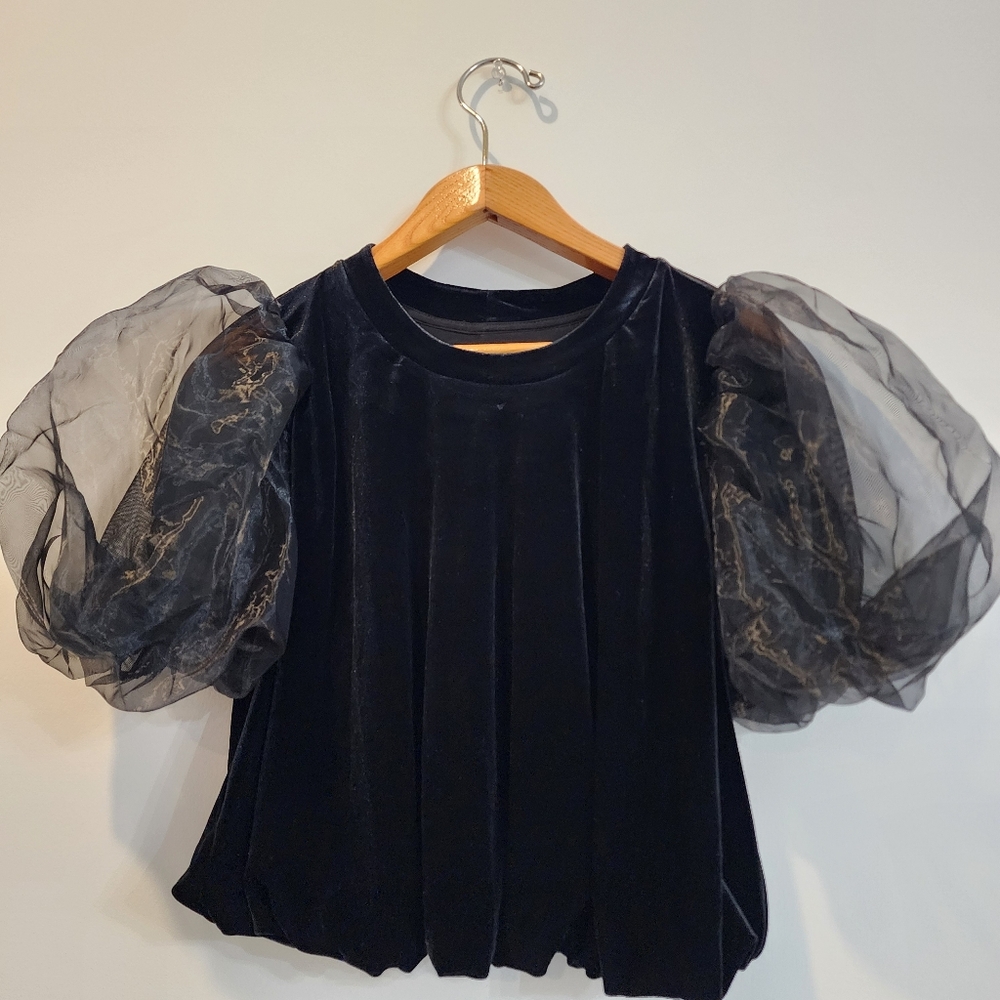 MAEVE By Anthropologie Puff-Sleeve Velvet Blouse Women's Size Medium M Black - Picture 2 of 10